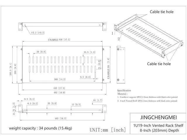 Alt view image 7 of 7 - Jingchengmei 1U Disassembled Vented Cantilever Server Rack Mount Shelf 8"(203mm) Depth for 19-Inch Network/AV Equipment Rack and Cabinet(1U8V)