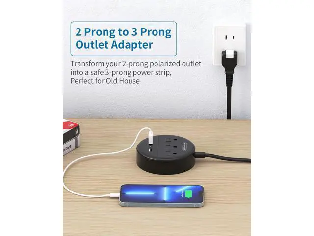 Alt view image 2 of 7 - 2 Prong Power Strip with 10ft Extension Cord, NTONPOWER 1875W/15A, 180° Rotating Plug, 2 Prong to 3 Prong Outlet Adapter, Wall Mountable, 3 AC Outlets & 2 USB, Ideal for Older House Office Desktop