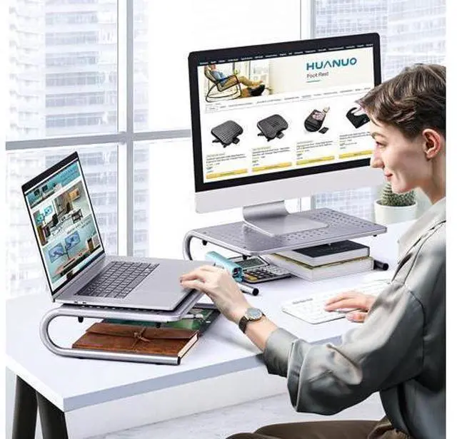 Alt view image 5 of 6 - HUANUO Monitor Stand Riser, Monitor Riser, Laptop Stand, Laptop Shelf w/Vented Metal, Desktop Computer Stand for Screen, Laptops, Printer, Laptop Riser for Home & Office, Monitor Riser Stand for Desk