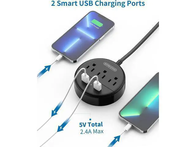 Alt view image 3 of 7 - 2 Prong Power Strip with 10ft Extension Cord, NTONPOWER 1875W/15A, 180° Rotating Plug, 2 Prong to 3 Prong Outlet Adapter, Wall Mountable, 3 AC Outlets & 2 USB, Ideal for Older House Office Desktop