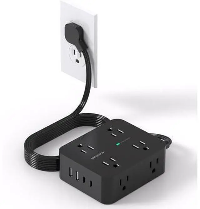 Main image of Power Strip Surge Protector, 5Ft Ultra Thin Flat Plug Extension Cord with Multiple Outlets, 8 Widely Outlet Extender with 4 USB Ports(2 USB C), 1080J Wall Mount for College Dorm Room Essentials Black