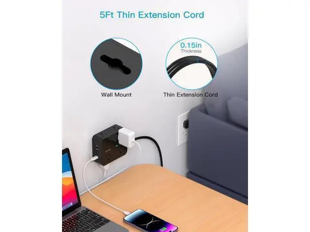 Alt view image 7 of 7 - Power Strip Surge Protector, 5Ft Ultra Thin Flat Plug Extension Cord with Multiple Outlets, 8 Widely Outlet Extender with 4 USB Ports(2 USB C), 1080J Wall Mount for College Dorm Room Essentials Black