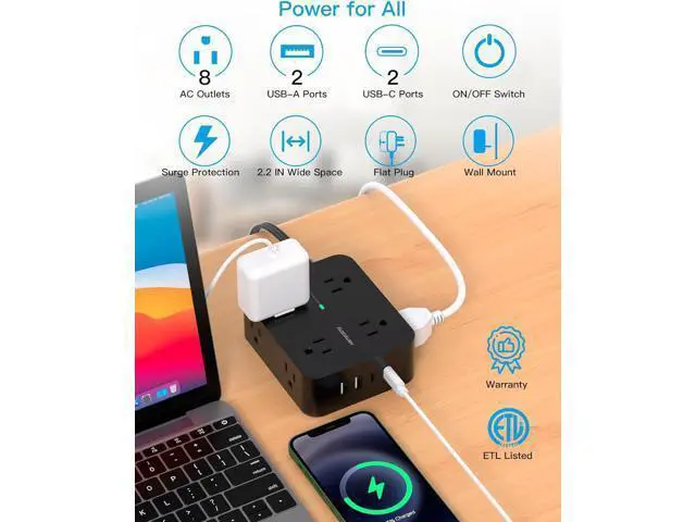 Alt view image 3 of 7 - Power Strip Surge Protector, 5Ft Ultra Thin Flat Plug Extension Cord with Multiple Outlets, 8 Widely Outlet Extender with 4 USB Ports(2 USB C), 1080J Wall Mount for College Dorm Room Essentials Black