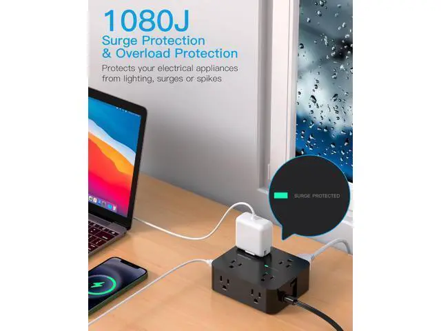 Alt view image 4 of 7 - Power Strip Surge Protector, 5Ft Ultra Thin Flat Plug Extension Cord with Multiple Outlets, 8 Widely Outlet Extender with 4 USB Ports(2 USB C), 1080J Wall Mount for College Dorm Room Essentials Black