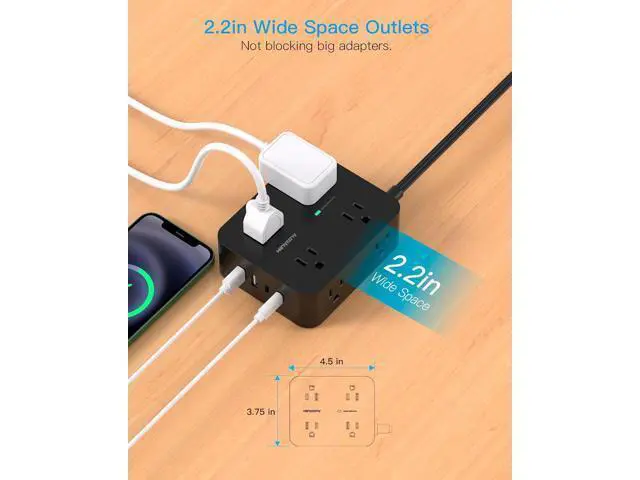 Alt view image 5 of 7 - Power Strip Surge Protector, 5Ft Ultra Thin Flat Plug Extension Cord with Multiple Outlets, 8 Widely Outlet Extender with 4 USB Ports(2 USB C), 1080J Wall Mount for College Dorm Room Essentials Black
