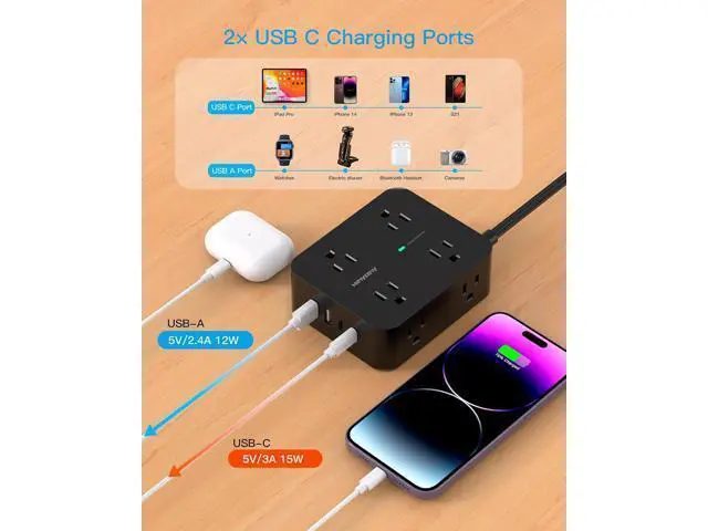 Alt view image 6 of 7 - Power Strip Surge Protector, 5Ft Ultra Thin Flat Plug Extension Cord with Multiple Outlets, 8 Widely Outlet Extender with 4 USB Ports(2 USB C), 1080J Wall Mount for College Dorm Room Essentials Black