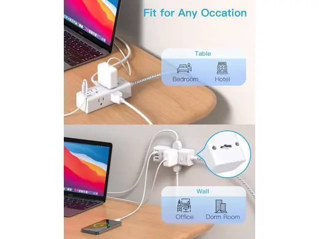 Alt view image 6 of 7 - 10 Ft Power Strip Surge Protector, Extension Cord with 6 Widely Outlets 3 USB Ports (1 USB C), 3-Side Outlet Extender Strip, Flat Plug, Wall Mount Small Power Strip for Travel Home Office College Dorm