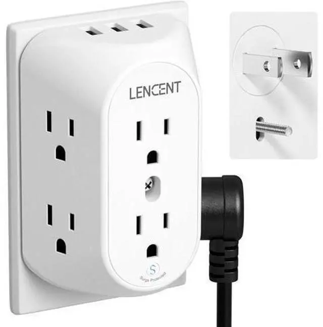 Main image of LENCENT 2 Prong Power Strip, 2 Prong to 3 Prong Grounding Outlet Adapter, Polarized Plug, 1728J Surge Protector, 3-Sided 6 Outlet 3 USB, Widely Spaced Extender, Wall Mountable for Non-Grounded Outlets