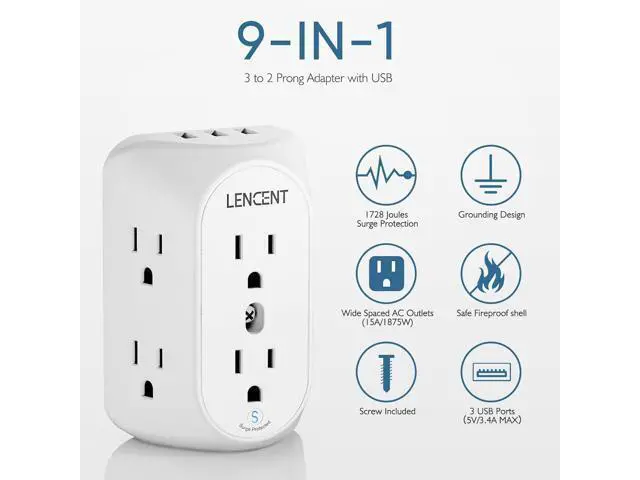 Alt view image 2 of 7 - LENCENT 2 Prong Power Strip, 2 Prong to 3 Prong Grounding Outlet Adapter, Polarized Plug, 1728J Surge Protector, 3-Sided 6 Outlet 3 USB, Widely Spaced Extender, Wall Mountable for Non-Grounded Outlets