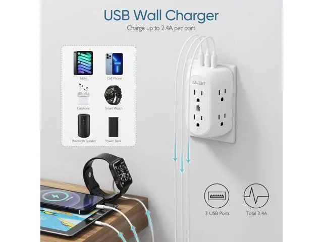 Alt view image 3 of 7 - LENCENT 2 Prong Power Strip, 2 Prong to 3 Prong Grounding Outlet Adapter, Polarized Plug, 1728J Surge Protector, 3-Sided 6 Outlet 3 USB, Widely Spaced Extender, Wall Mountable for Non-Grounded Outlets