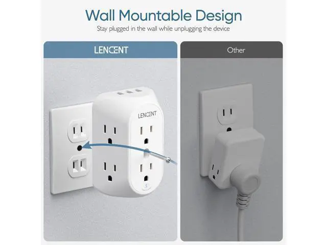 Alt view image 5 of 7 - LENCENT 2 Prong Power Strip, 2 Prong to 3 Prong Grounding Outlet Adapter, Polarized Plug, 1728J Surge Protector, 3-Sided 6 Outlet 3 USB, Widely Spaced Extender, Wall Mountable for Non-Grounded Outlets