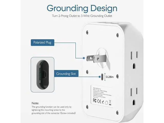 Alt view image 4 of 7 - LENCENT 2 Prong Power Strip, 2 Prong to 3 Prong Grounding Outlet Adapter, Polarized Plug, 1728J Surge Protector, 3-Sided 6 Outlet 3 USB, Widely Spaced Extender, Wall Mountable for Non-Grounded Outlets