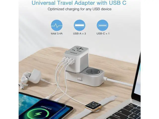 Alt view image 3 of 6 - TESSAN Universal Travel Adapter, International Power Adapter with 4 USB Ports (1 USB C), Worldwide Plug Adaptor Wall Charger for USA to Europe UK France Germany Spain Ireland Australia(Type C/G/A/I)