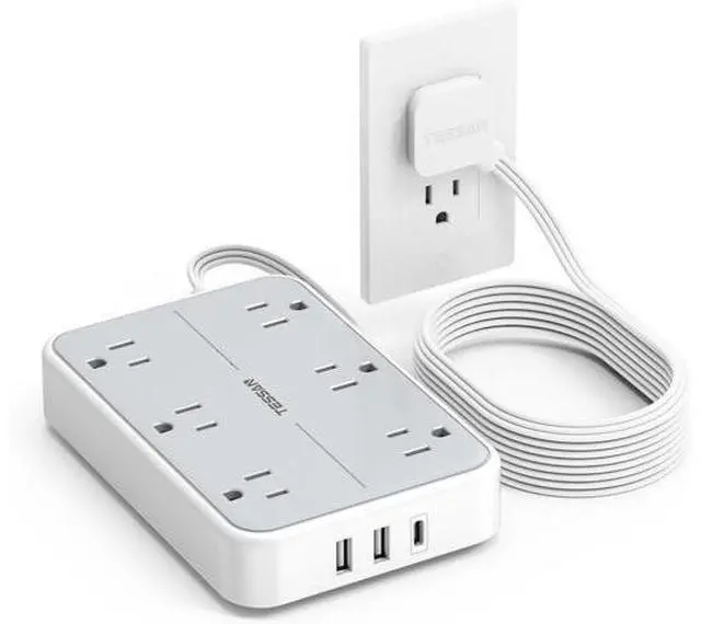 Main image of TESSAN Flat Extension Cord 10 FT with Flat Plug Power Strip, Small Extension Cord with 6 AC Outlet 1 USB C and 2 USB A, 1080J Surge Protector Power Strip, Wall Mount for Dorm Room Office Home