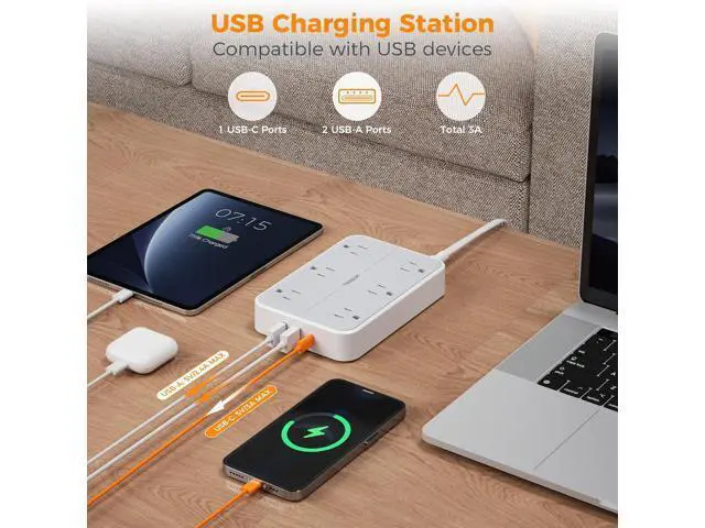 Alt view image 3 of 7 - TESSAN Flat Extension Cord 10 FT with Flat Plug Power Strip, Small Extension Cord with 6 AC Outlet 1 USB C and 2 USB A, 1080J Surge Protector Power Strip, Wall Mount for Dorm Room Office Home