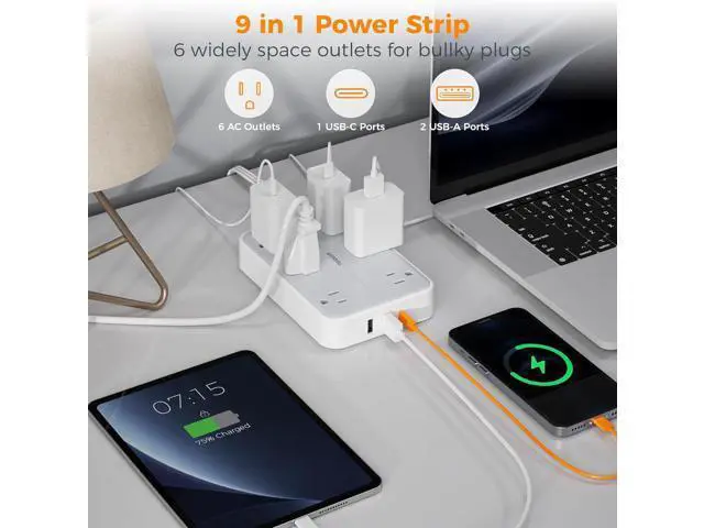 Alt view image 2 of 7 - TESSAN Flat Extension Cord 10 FT with Flat Plug Power Strip, Small Extension Cord with 6 AC Outlet 1 USB C and 2 USB A, 1080J Surge Protector Power Strip, Wall Mount for Dorm Room Office Home
