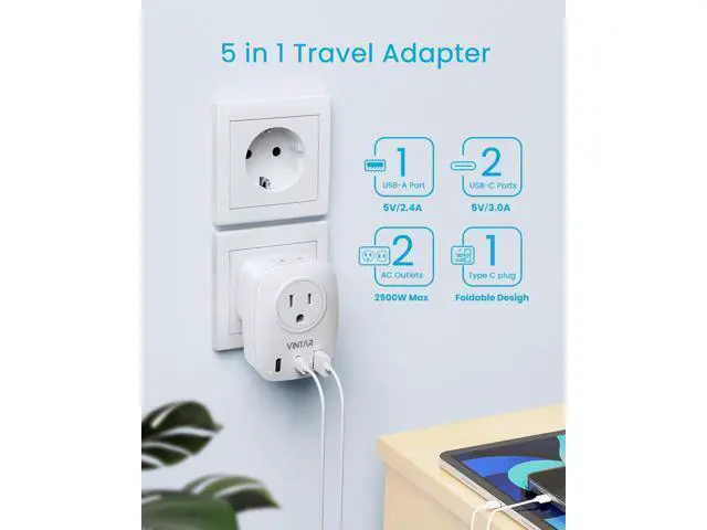 Alt view image 5 of 6 - 2 Pack European Travel Plug Adapter, VINTAR Foldable International Power Plug with 2 AC Outlets 3 USB Ports(2 USB C), Type C Travel Essentials Charger for US to Most of Europe EU Italy Spain France