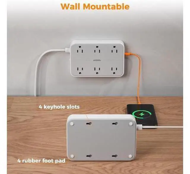 Alt view image 7 of 7 - TESSAN Flat Extension Cord 10 FT with Flat Plug Power Strip, Small Extension Cord with 6 AC Outlet 1 USB C and 2 USB A, 1080J Surge Protector Power Strip, Wall Mount for Dorm Room Office Home