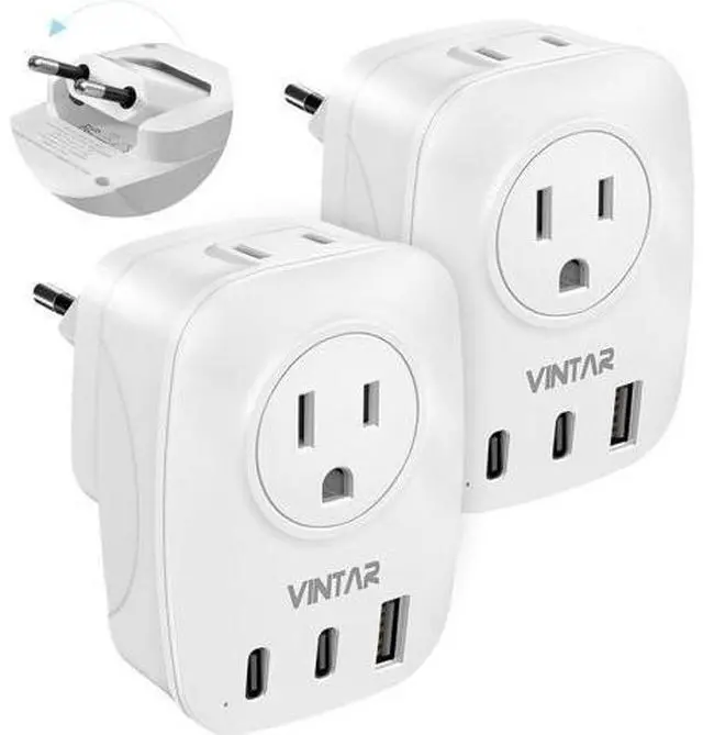 Main image of 2 Pack European Travel Plug Adapter, VINTAR Foldable International Power Plug with 2 AC Outlets 3 USB Ports(2 USB C), Type C Travel Essentials Charger for US to Most of Europe EU Italy Spain France