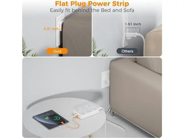 Alt view image 4 of 7 - TESSAN Flat Extension Cord 10 FT with Flat Plug Power Strip, Small Extension Cord with 6 AC Outlet 1 USB C and 2 USB A, 1080J Surge Protector Power Strip, Wall Mount for Dorm Room Office Home