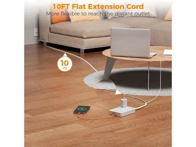 Alt view image 6 of 7 - TESSAN Flat Extension Cord 10 FT with Flat Plug Power Strip, Small Extension Cord with 6 AC Outlet 1 USB C and 2 USB A, 1080J Surge Protector Power Strip, Wall Mount for Dorm Room Office Home