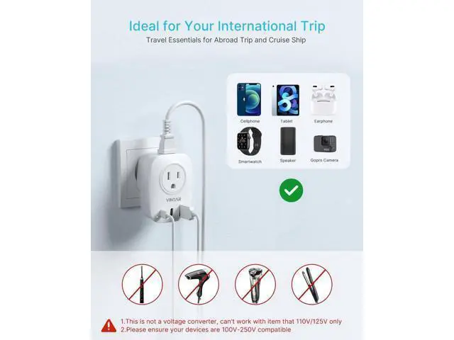 Alt view image 6 of 6 - 2 Pack European Travel Plug Adapter, VINTAR Foldable International Power Plug with 2 AC Outlets 3 USB Ports(2 USB C), Type C Travel Essentials Charger for US to Most of Europe EU Italy Spain France