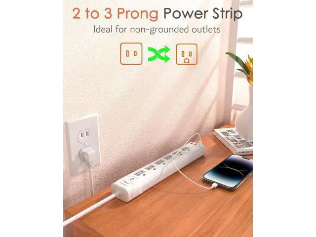 Alt view image 2 of 7 - 2 Prong Power Strip, WRXDMC 2 Prong to 3 Prong Outlet Adapter, 1680J Surge Protector, 1625W, 5ft Extension Cord with Flat Plug Polarized Plug, 6 AC Outlets & 3 USB, Wall Mountable, Ideal for Old House