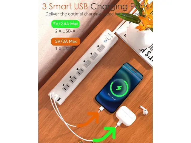 Alt view image 6 of 7 - 2 Prong Power Strip, WRXDMC 2 Prong to 3 Prong Outlet Adapter, 1680J Surge Protector, 1625W, 5ft Extension Cord with Flat Plug Polarized Plug, 6 AC Outlets & 3 USB, Wall Mountable, Ideal for Old House