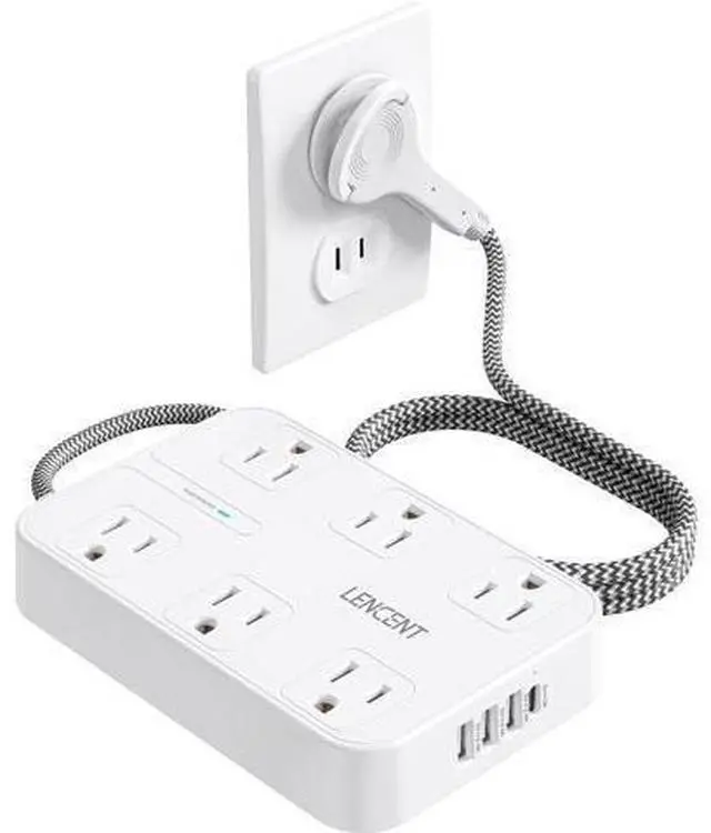 Main image of LENCENT 2 Prong Power Strip, 3 to 2 Prong Outlet Adapter, Two Prong Surge Protector, 6ft Braided Extension Cord with Thin Flat Polarized Plug, 6 AC&4 USB(1 Type-C), Wall Mount for Non-Grounded Outlet