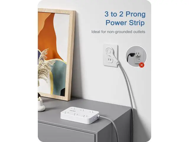 Alt view image 2 of 7 - LENCENT 2 Prong Power Strip, 3 to 2 Prong Outlet Adapter, Two Prong Surge Protector, 6ft Braided Extension Cord with Thin Flat Polarized Plug, 6 AC&4 USB(1 Type-C), Wall Mount for Non-Grounded Outlet
