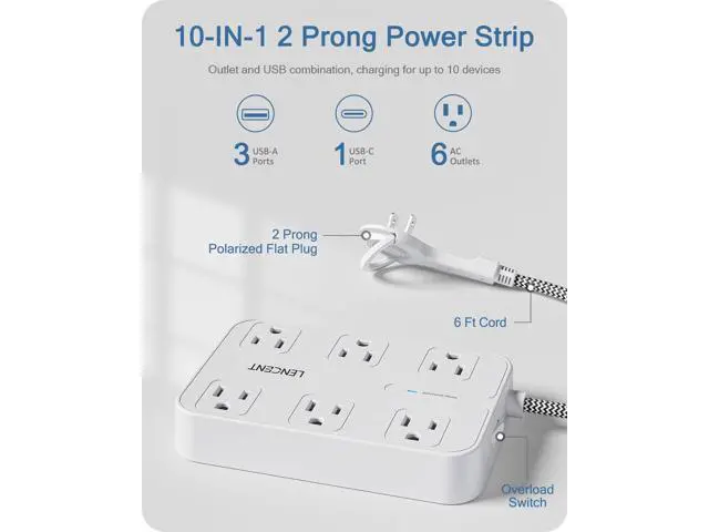 Alt view image 4 of 7 - LENCENT 2 Prong Power Strip, 3 to 2 Prong Outlet Adapter, Two Prong Surge Protector, 6ft Braided Extension Cord with Thin Flat Polarized Plug, 6 AC&4 USB(1 Type-C), Wall Mount for Non-Grounded Outlet