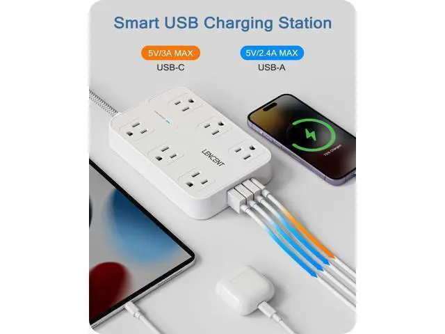 Alt view image 5 of 7 - LENCENT 2 Prong Power Strip, 3 to 2 Prong Outlet Adapter, Two Prong Surge Protector, 6ft Braided Extension Cord with Thin Flat Polarized Plug, 6 AC&4 USB(1 Type-C), Wall Mount for Non-Grounded Outlet