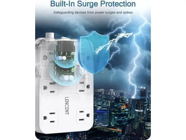 Alt view image 6 of 7 - LENCENT 2 Prong Power Strip, 3 to 2 Prong Outlet Adapter, Two Prong Surge Protector, 6ft Braided Extension Cord with Thin Flat Polarized Plug, 6 AC&4 USB(1 Type-C), Wall Mount for Non-Grounded Outlet