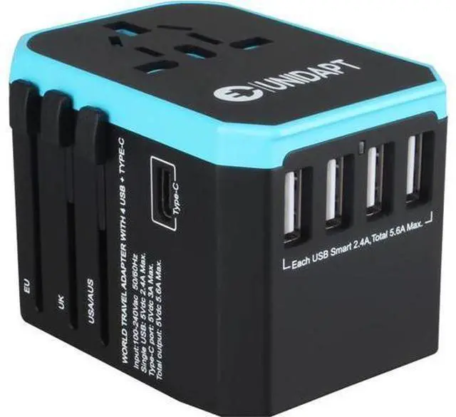 Main image of Unidapt Universal Travel Adapter, European Travel Plug Adapter - International Power Adapter Worldwide Charger with USB-C & 4 USB Ports, Travel Essentials for Italy, Japan, Europe, UK (UA-101, Blue)