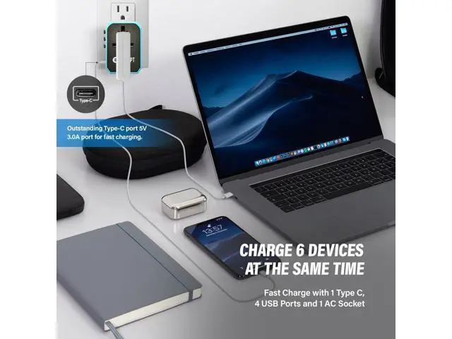 Alt view image 2 of 7 - Unidapt Universal Travel Adapter, European Travel Plug Adapter - International Power Adapter Worldwide Charger with USB-C & 4 USB Ports, Travel Essentials for Italy, Japan, Europe, UK (UA-101, Blue)