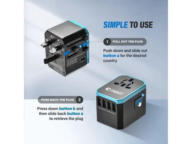 Alt view image 3 of 7 - Unidapt Universal Travel Adapter, European Travel Plug Adapter - International Power Adapter Worldwide Charger with USB-C & 4 USB Ports, Travel Essentials for Italy, Japan, Europe, UK (UA-101, Blue)