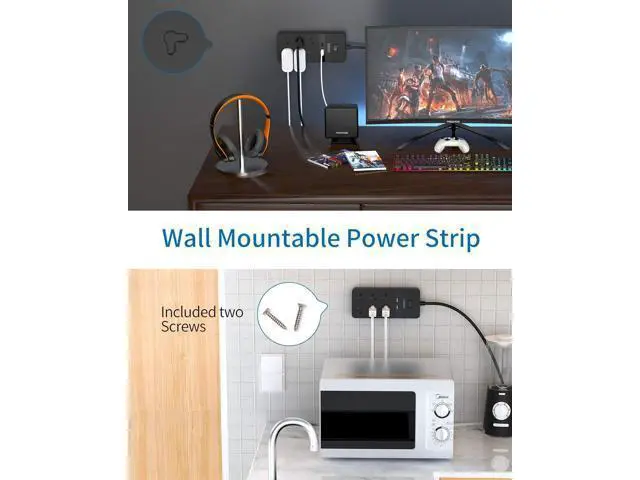Alt view image 4 of 7 - 2 Prong Surge Protector Power Strip with 10ft Extension Cord, NTONPOWER 2 Prong to 3 Prong Outlet Adapter with 6 Outlets 2 USB Ports, 2100J Surge Protector Wall Mount for Old House Non-Grounded Outlet