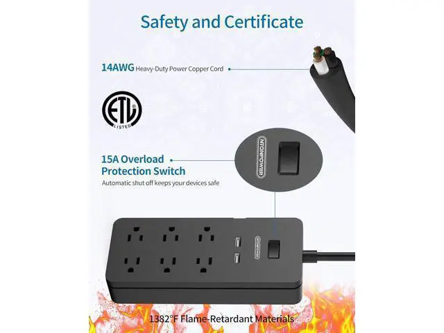 Alt view image 6 of 7 - 2 Prong Surge Protector Power Strip with 10ft Extension Cord, NTONPOWER 2 Prong to 3 Prong Outlet Adapter with 6 Outlets 2 USB Ports, 2100J Surge Protector Wall Mount for Old House Non-Grounded Outlet