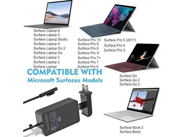 Alt view image 2 of 7 - Laptop Charger for Surface Pro 10/9/8/X/7/6/5/4/3, Microsoft Surface Laptop 6/5/Studio/4/Go/3/2, Surface Go 2/3, Surface Book 2/1, Adapter Power Support 65W 44W 36W with 11.2FT Cord&Travel Case