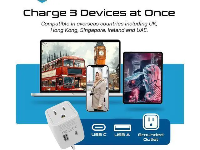 Alt view image 2 of 7 - Ceptics UK Travel Adapter Plug - with 2 USB + USA Socket Input - Type G - Ultra Compact - Safe Grounded Perfect for Cell Phones, Laptops, Camera Chargers