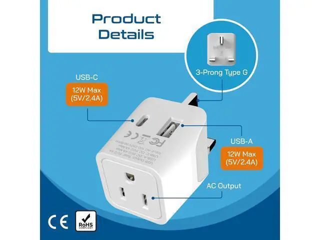 Alt view image 5 of 7 - Ceptics UK Travel Adapter Plug - with 2 USB + USA Socket Input - Type G - Ultra Compact - Safe Grounded Perfect for Cell Phones, Laptops, Camera Chargers