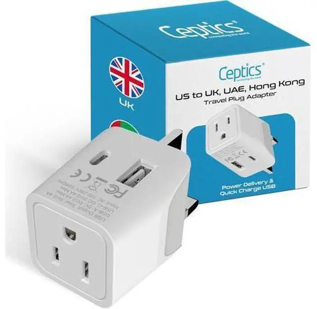 Main image of Ceptics UK Travel Adapter Plug - with 2 USB + USA Socket Input - Type G - Ultra Compact - Safe Grounded Perfect for Cell Phones, Laptops, Camera Chargers