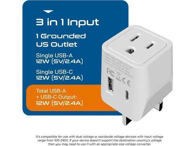 Alt view image 4 of 7 - Ceptics UK Travel Adapter Plug - with 2 USB + USA Socket Input - Type G - Ultra Compact - Safe Grounded Perfect for Cell Phones, Laptops, Camera Chargers