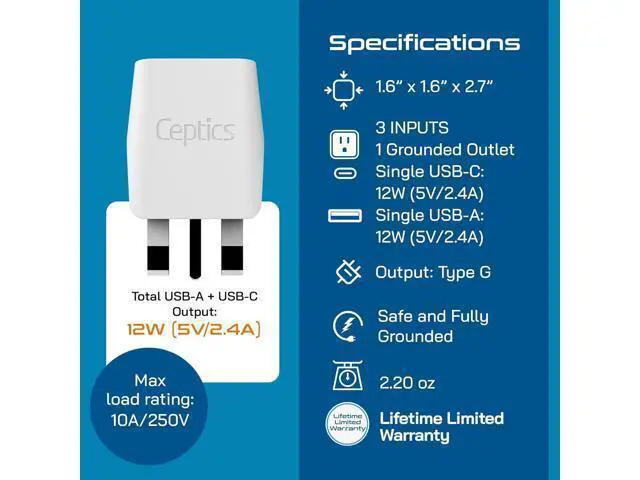 Alt view image 6 of 7 - Ceptics UK Travel Adapter Plug - with 2 USB + USA Socket Input - Type G - Ultra Compact - Safe Grounded Perfect for Cell Phones, Laptops, Camera Chargers
