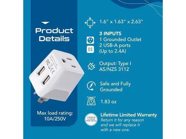 Alt view image 3 of 7 - Ceptics Australia, New Zealand, China Travel Adapter Plug with Dual USB Input - Ultra Compact - USA to Type I - Perfect for Cell Phones, Chargers, Cameras and More (CTU-16-2PK)