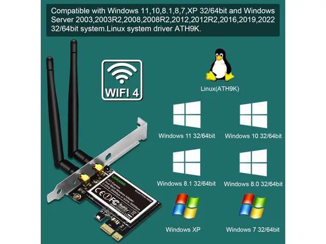 Alt view image 4 of 7 - Wireless N 600Mbps (2.4GHz 300Mbps and 5GHz 300Mbps) PCIE WiFi Adapter, PCIE WiFi Card, QUALCOMM Atheros AR946X Wireless Network Adapter for Windows 10 8.1 8 7 XP Desktop PCs (PCIE-N600)