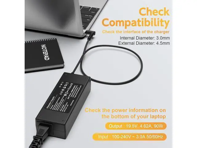 Alt view image 2 of 7 - 90W Laptop Charger for HP Envy 13 15 17 M6 M7 X360; HP Pavilion X360 11 13 14 15 17, Stream 11 13 14 AC Adapter; HP Spectre X360 13 15, Elitebook Power Supply Cord (Smart Blue Tip)