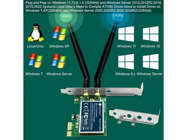 Alt view image 4 of 7 - Wireless N Dual Band 600Mbps (2.4GHz 300Mbps or 5GHz 300Mbps) PCIE WiFi Adapter for Windows 11, 10, 8.x, 7, XP (32/64bit) and Windows Server Desktop PCs, 2X2 MIMO PCIE WiFi Card (FS-N600)