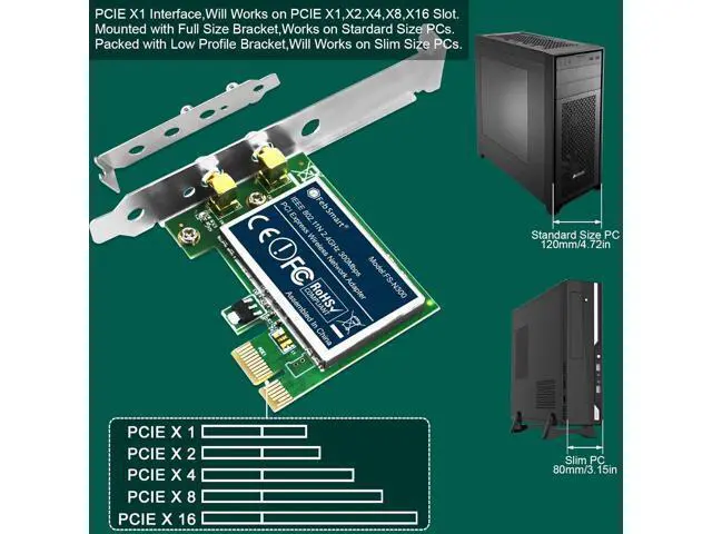 Alt view image 6 of 7 - Wireless N Dual Band 600Mbps (2.4GHz 300Mbps or 5GHz 300Mbps) PCIE WiFi Adapter for Windows 11, 10, 8.x, 7, XP (32/64bit) and Windows Server Desktop PCs, 2X2 MIMO PCIE WiFi Card (FS-N600)