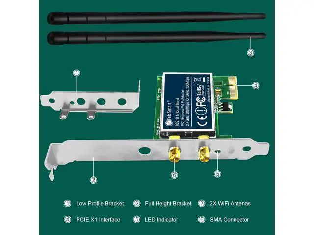 Alt view image 7 of 7 - Wireless N Dual Band 600Mbps (2.4GHz 300Mbps or 5GHz 300Mbps) PCIE WiFi Adapter for Windows 11, 10, 8.x, 7, XP (32/64bit) and Windows Server Desktop PCs, 2X2 MIMO PCIE WiFi Card (FS-N600)